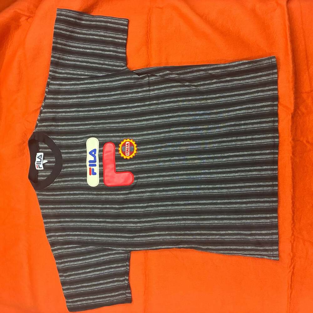 Vintage 90s FILA Vertical Stripe T-Shirt with Big Logo Patch Made in USA XL